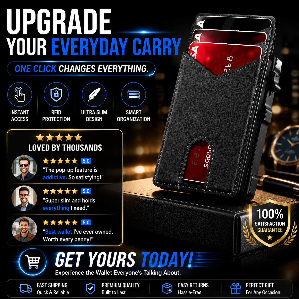 Genuine Leather RFID Blocking Pop-Up Wallet – Premium Aluminum Frame, One-Second Card Eject, Ultra-Slim Design
