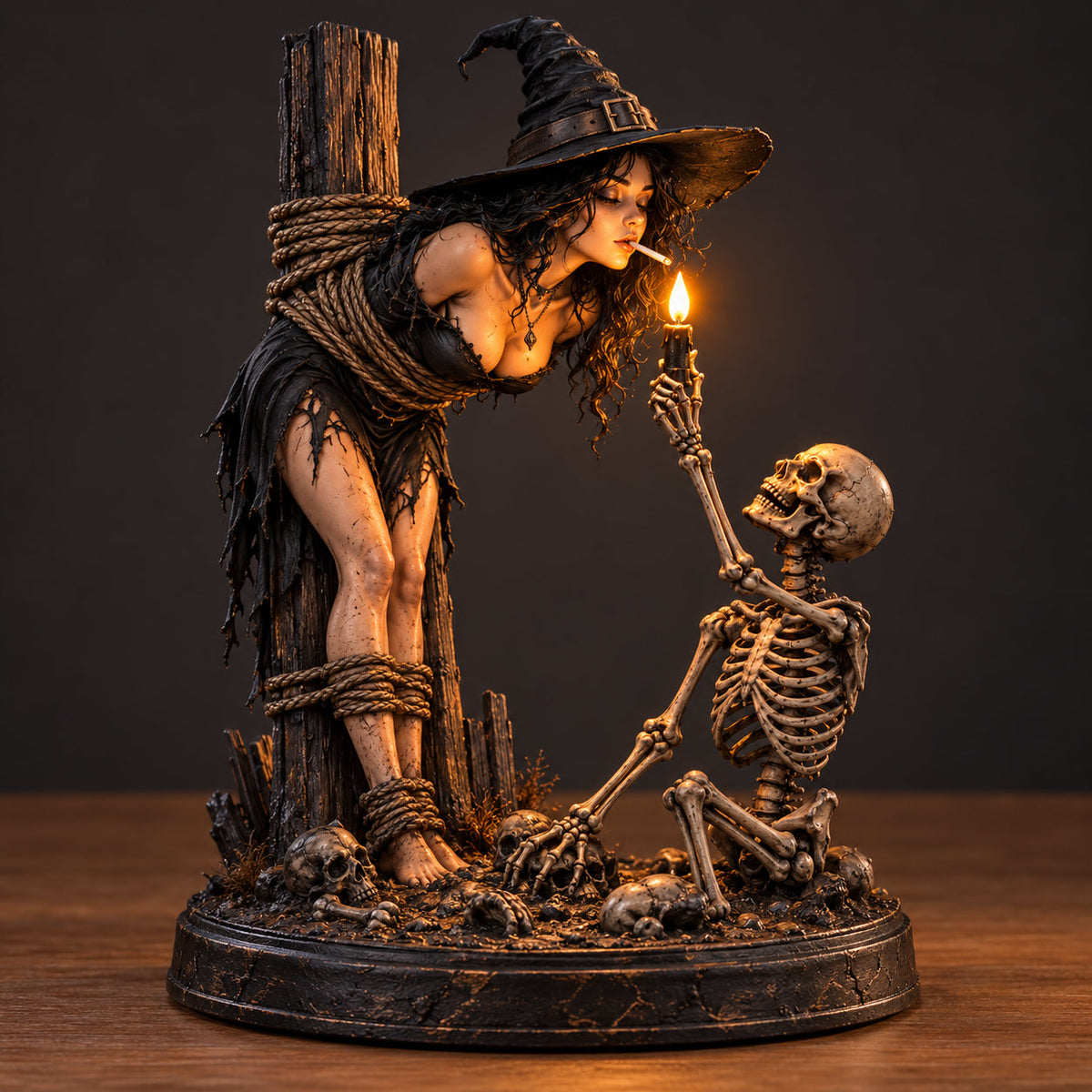 Witch & Skeleton Candle Scene Figurine – Gothic Halloween Tabletop Decor