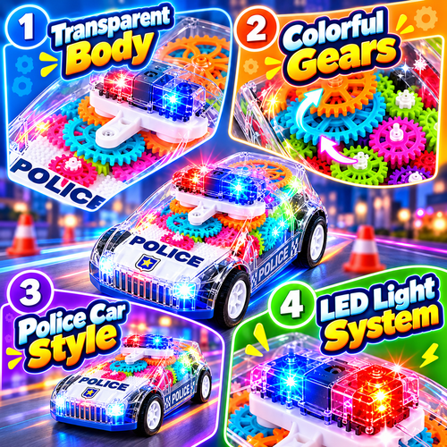 🚓 Light-Up Transparent Gear Police Car – Interactive Moving Gear Toy