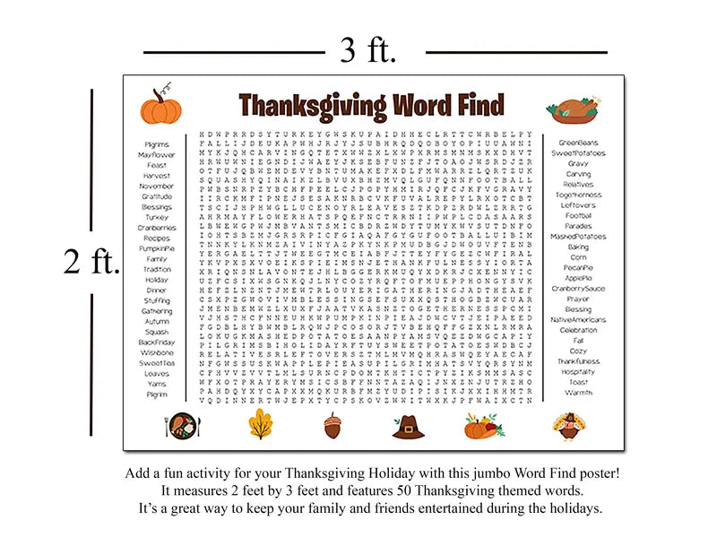 🔥Last Day: Buy 2 Get 1 Free - 🎉 Jumbo Thanksgiving Word Search Poster(🎉Giant 36'x24' Wall Game)