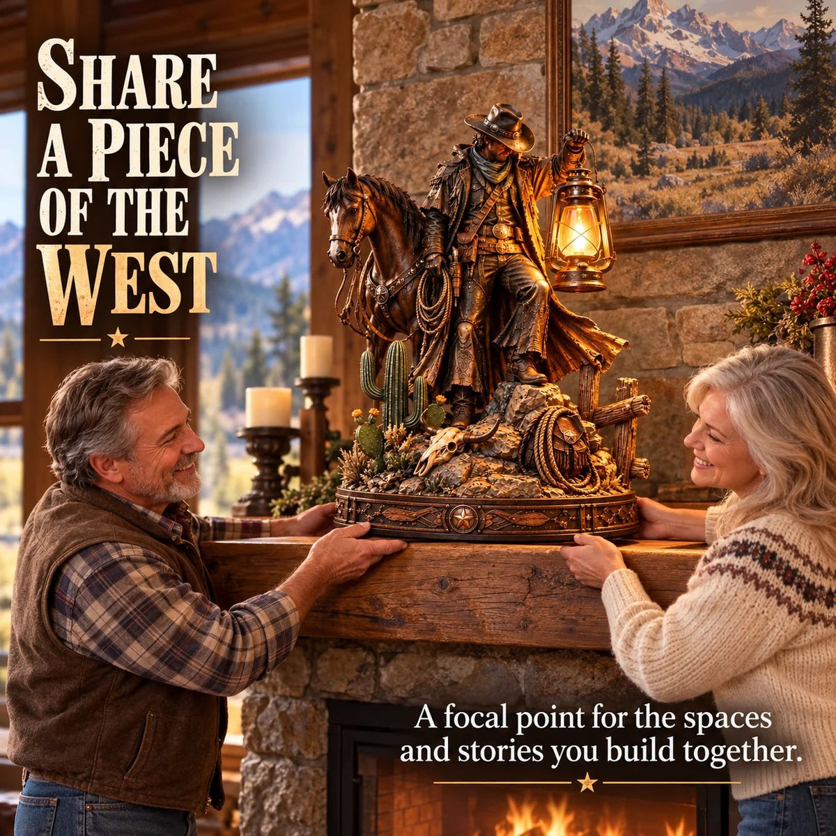 🎁Last Day 50% OFF🔥🤠 Western Rider & Horse Lantern Statue | Rustic Cowboy Decor