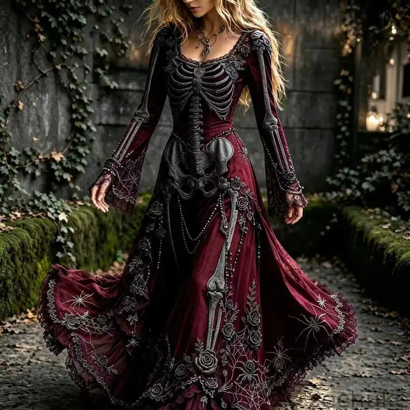 Red skeleton and rose Halloween maxi dress with long flared sleeves