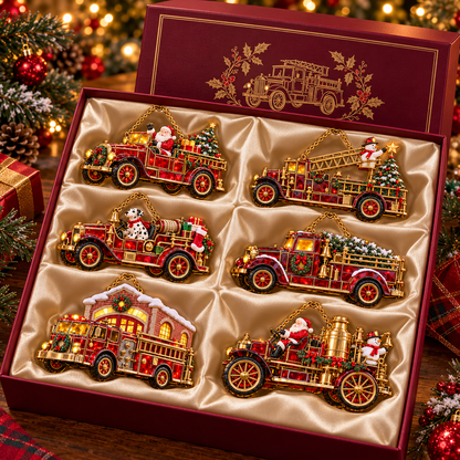 2026 Vintage Fire Truck Christmas Ornaments – Set of 6 | Stained-Glass Style with Festive Holiday Scenes & Golden Accents