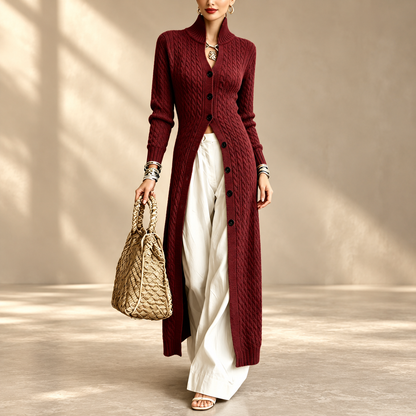 Women’s Long Cable Knit Cardigan, Elegant Full-Length Knitwear