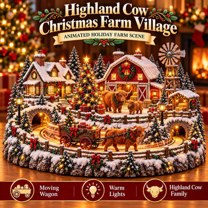 🐮 Highland Cow Christmas Farm Village – Lighted Farmhouse Holiday Scene