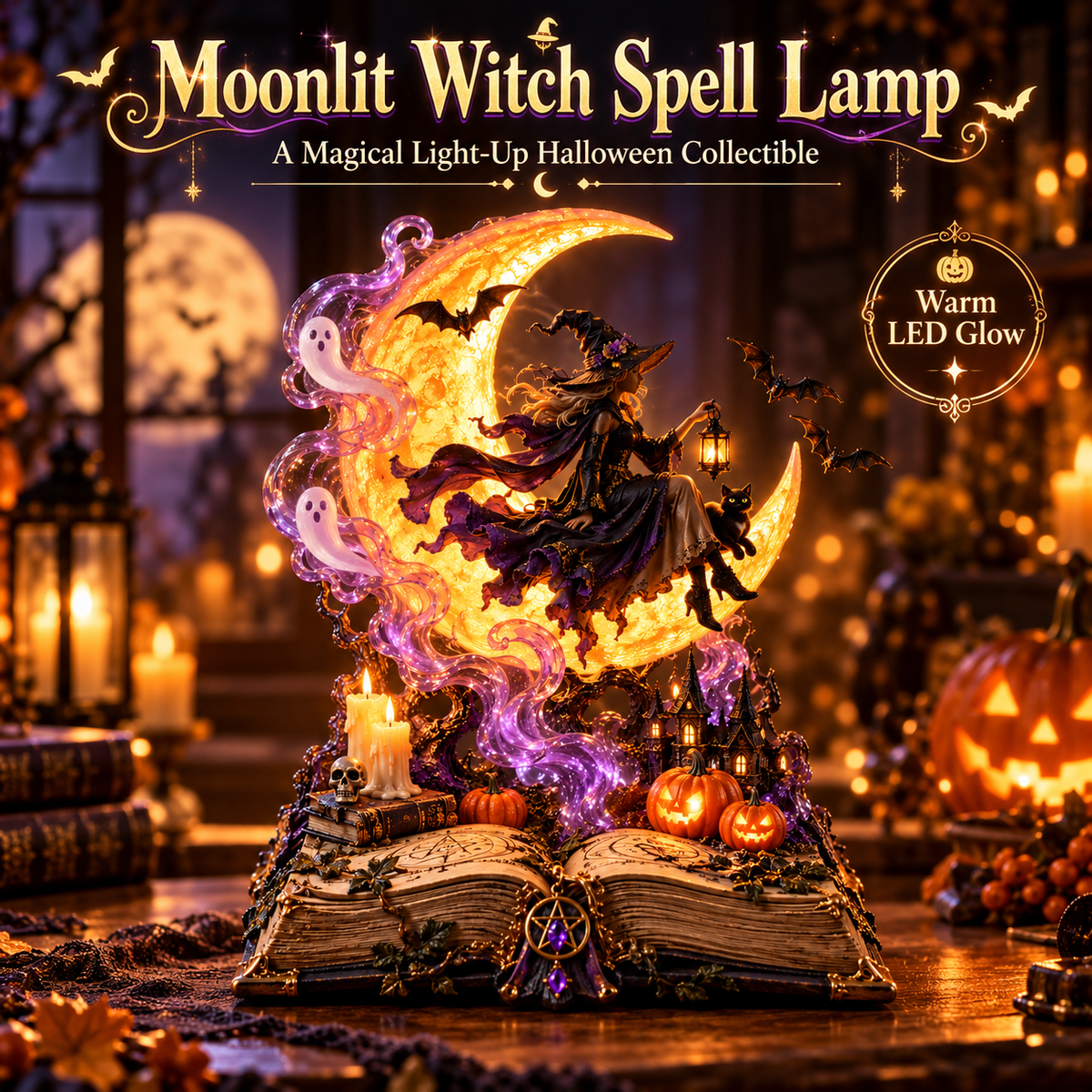 🌙🧙‍♀️ Moonlit Witch Spellbook™ – Magical Light-Up Crescent Moon with Enchanting Witch, Ghosts & Haunted Halloween Scene 🎃✨