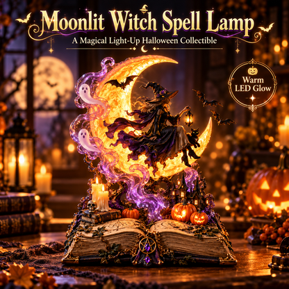 🌙🧙‍♀️ Moonlit Witch Spellbook™ – Magical Light-Up Crescent Moon with Enchanting Witch, Ghosts & Haunted Halloween Scene 🎃✨