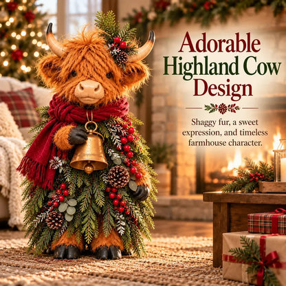 🎄 Christmas Highland Cow Figurine 🔔 Vintage Bell, Burgundy Scarf & Evergreen Accents