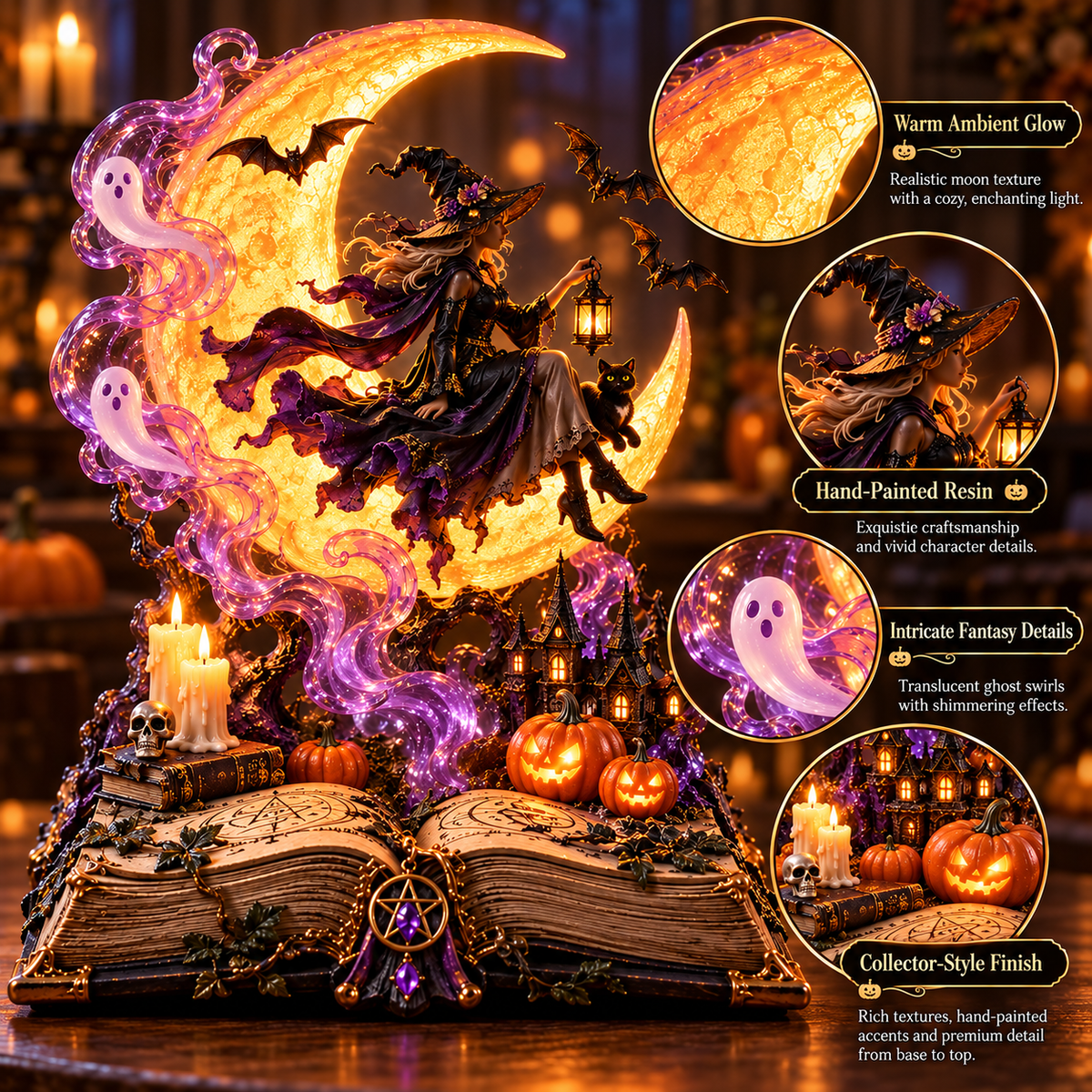 🌙🧙‍♀️ Moonlit Witch Spellbook™ – Magical Light-Up Crescent Moon with Enchanting Witch, Ghosts & Haunted Halloween Scene 🎃✨