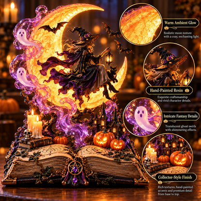 🌙🧙‍♀️ Moonlit Witch Spellbook™ – Magical Light-Up Crescent Moon with Enchanting Witch, Ghosts & Haunted Halloween Scene 🎃✨