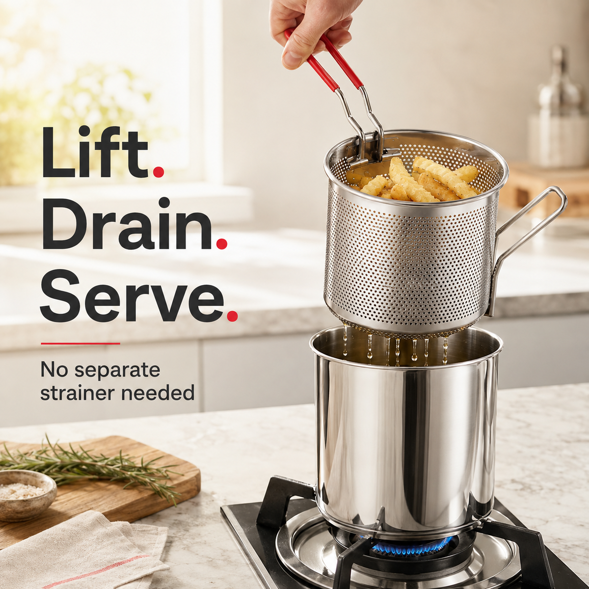 🥩Personal Mini Deep Fryer Set – Stainless Steel Pot with Lift-Out Draining Basket & Food Tongs