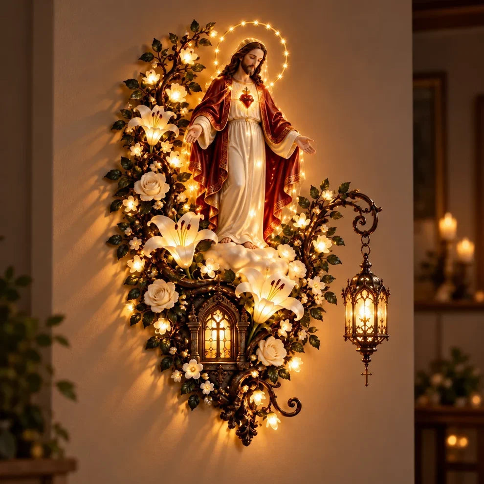 🕊️ Illuminated Virgin Mary Floral Wall Decor – Light-Up Marian Faith Wall Art