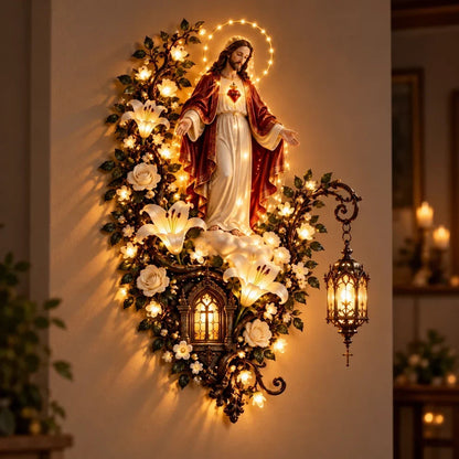 🕊️ Illuminated Virgin Mary Floral Wall Decor – Light-Up Marian Faith Wall Art