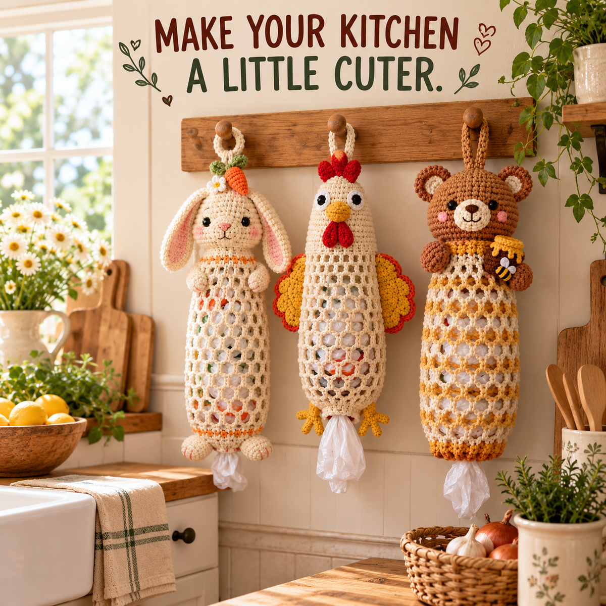 🔥LAST DAY 49% OFF – 🌼 Cottage Harvest Keepers™ — Crochet Animal Bag Holder DIY Kit | 8 Adorable Designs