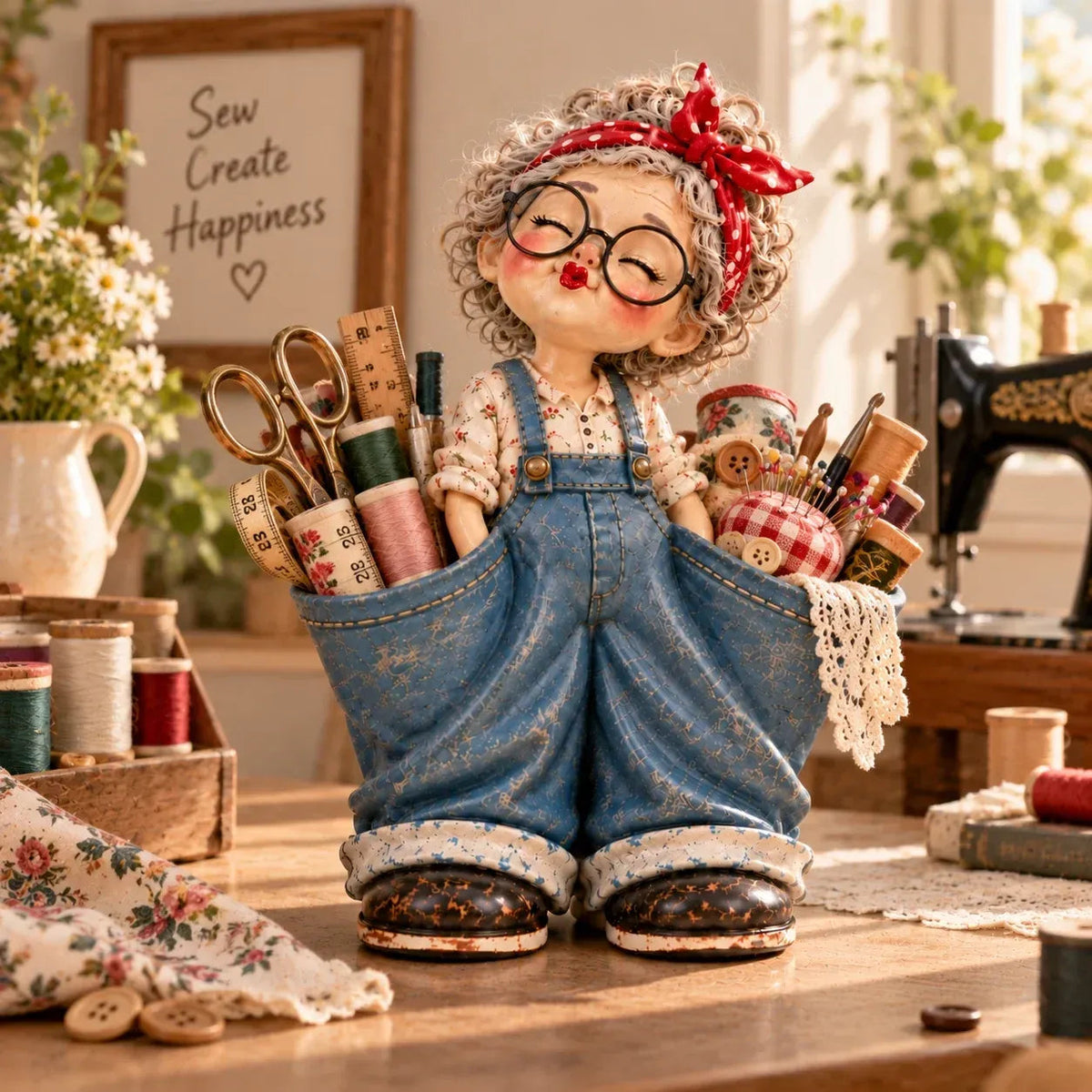 🎀💕 Vintage Girl Double-Pocket Organizer – Cute Denim-Style Figurine & Home Décor ✨