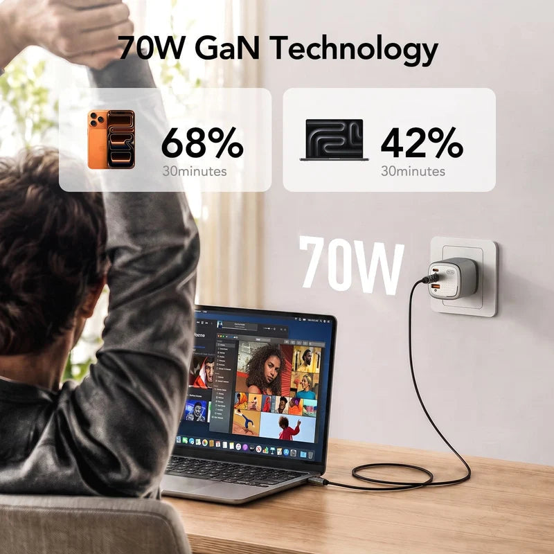 🔥Global Travel Charger (70W, 3-Port, GaN, Integrated Rotary Plug)