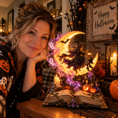 🌙🧙‍♀️ Moonlit Witch Spellbook™ – Magical Light-Up Crescent Moon with Enchanting Witch, Ghosts & Haunted Halloween Scene 🎃✨