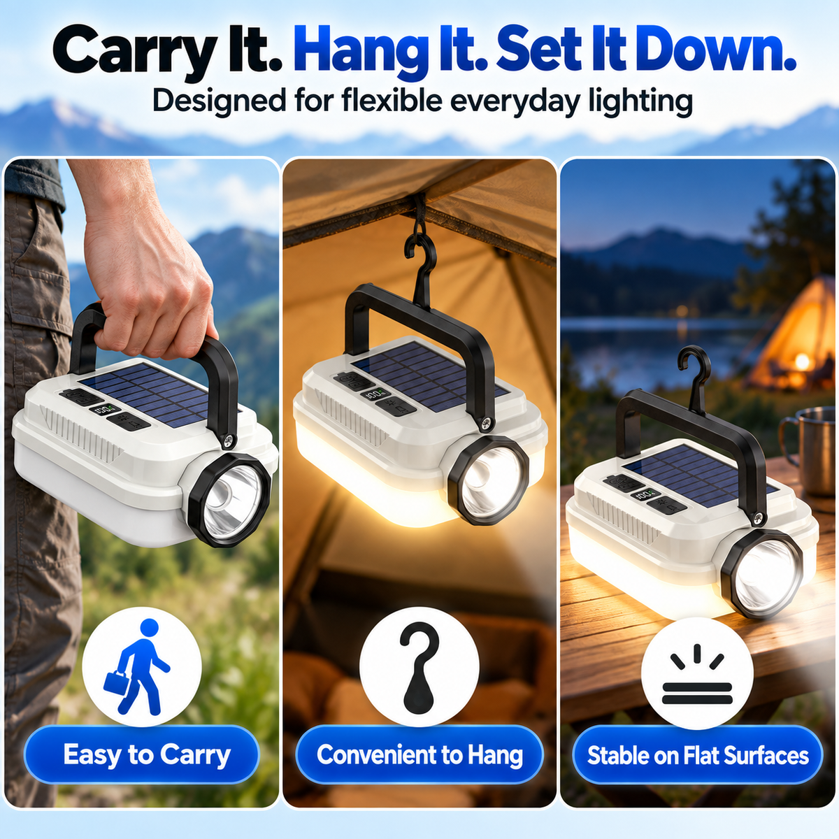 🏕️🔥Dual‑Light Solar Camping Lantern‑Multi‑Function Portable Solar Work Light with Power Bank, Hanging Emergency Lamp for Camping Hiking Power‑Outage