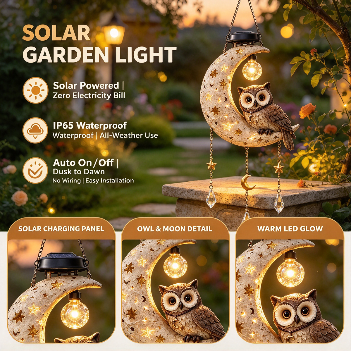 ✨🦉 Magical Moon Owl Solar Hanging Light