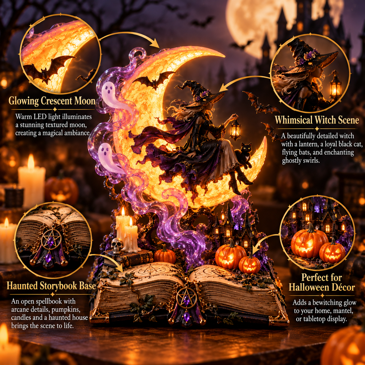 🌙🧙‍♀️ Moonlit Witch Spellbook™ – Magical Light-Up Crescent Moon with Enchanting Witch, Ghosts & Haunted Halloween Scene 🎃✨