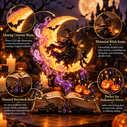 🌙🧙‍♀️ Moonlit Witch Spellbook™ – Magical Light-Up Crescent Moon with Enchanting Witch, Ghosts & Haunted Halloween Scene 🎃✨
