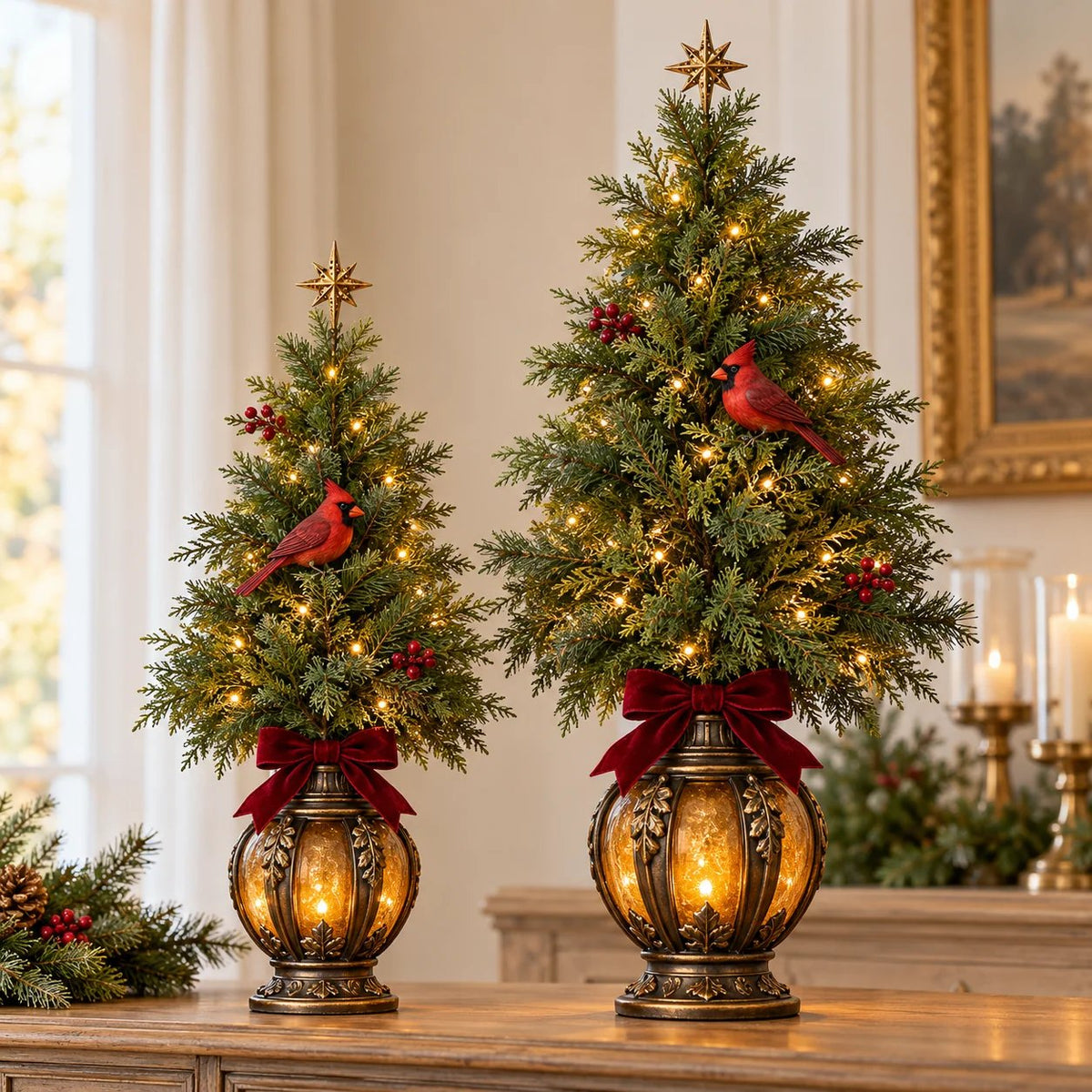 Pair of Cardinal Glow Trees with illuminated lantern bases and evergreen branches