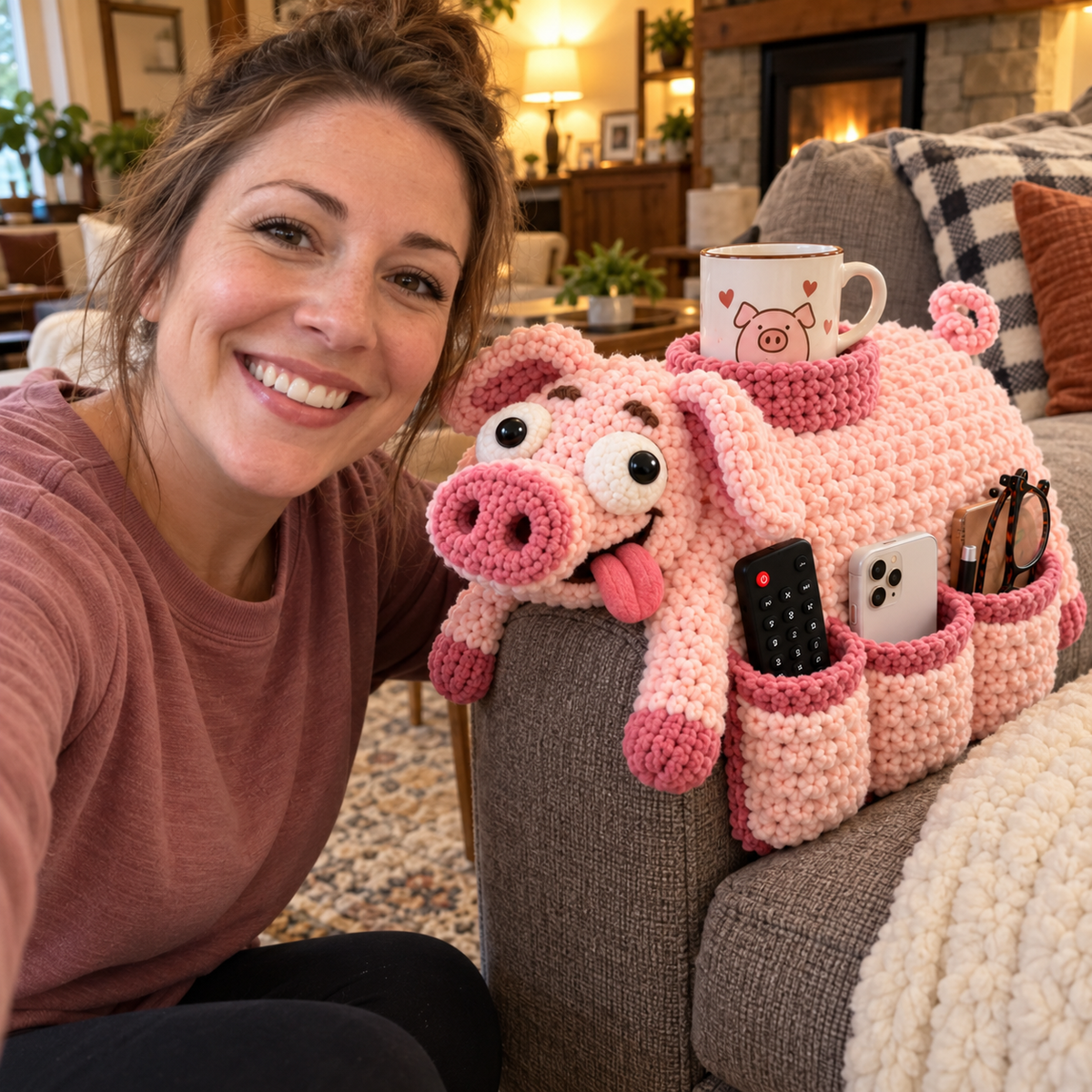 🧶😂 Couch Cuddlers™ DIY Crochet Kit – Funny Animal Sofa Armrest Organizer with 3 Handy Pockets 🛋️❤️