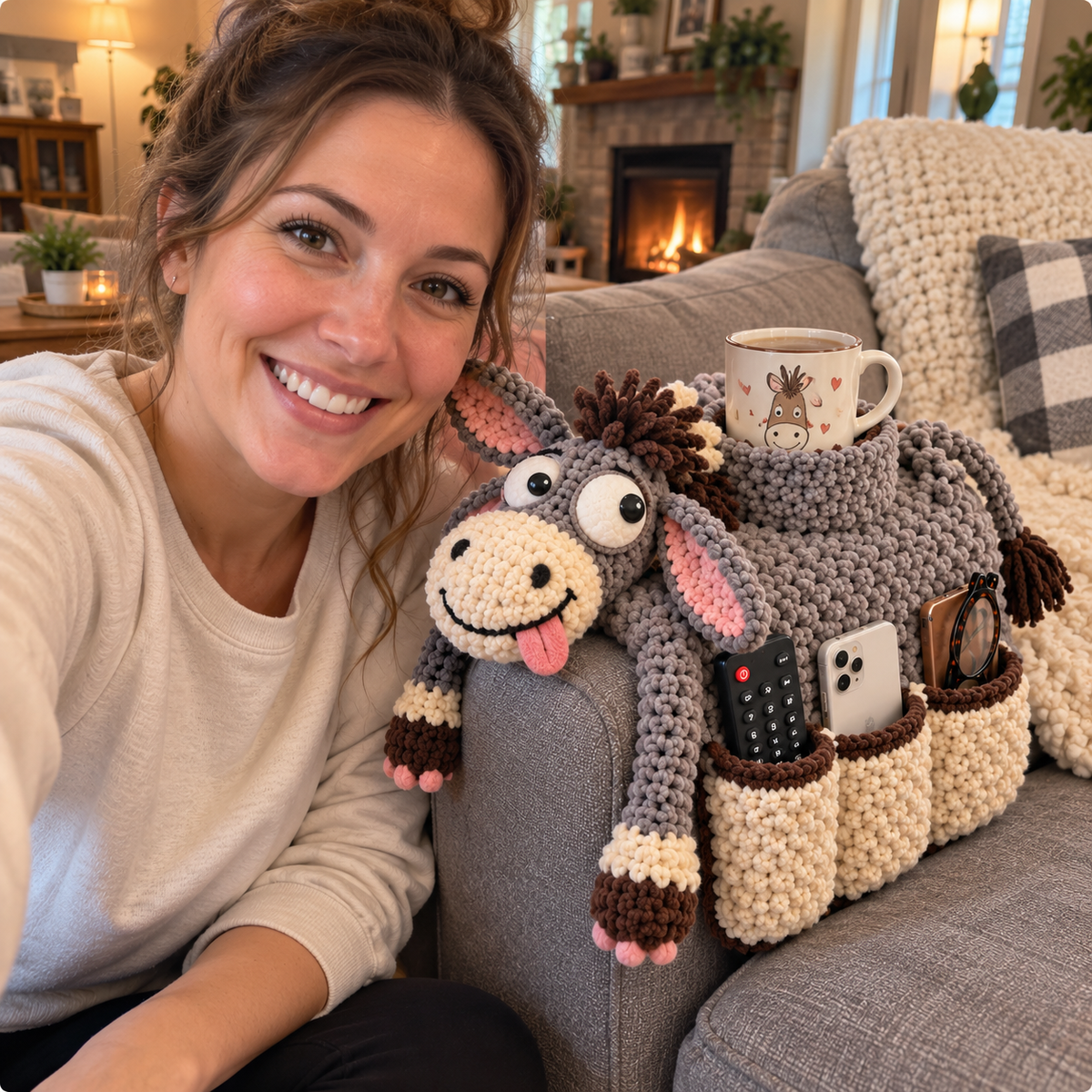 🧶😂 Couch Cuddlers™ DIY Crochet Kit – Funny Animal Sofa Armrest Organizer with 3 Handy Pockets 🛋️❤️