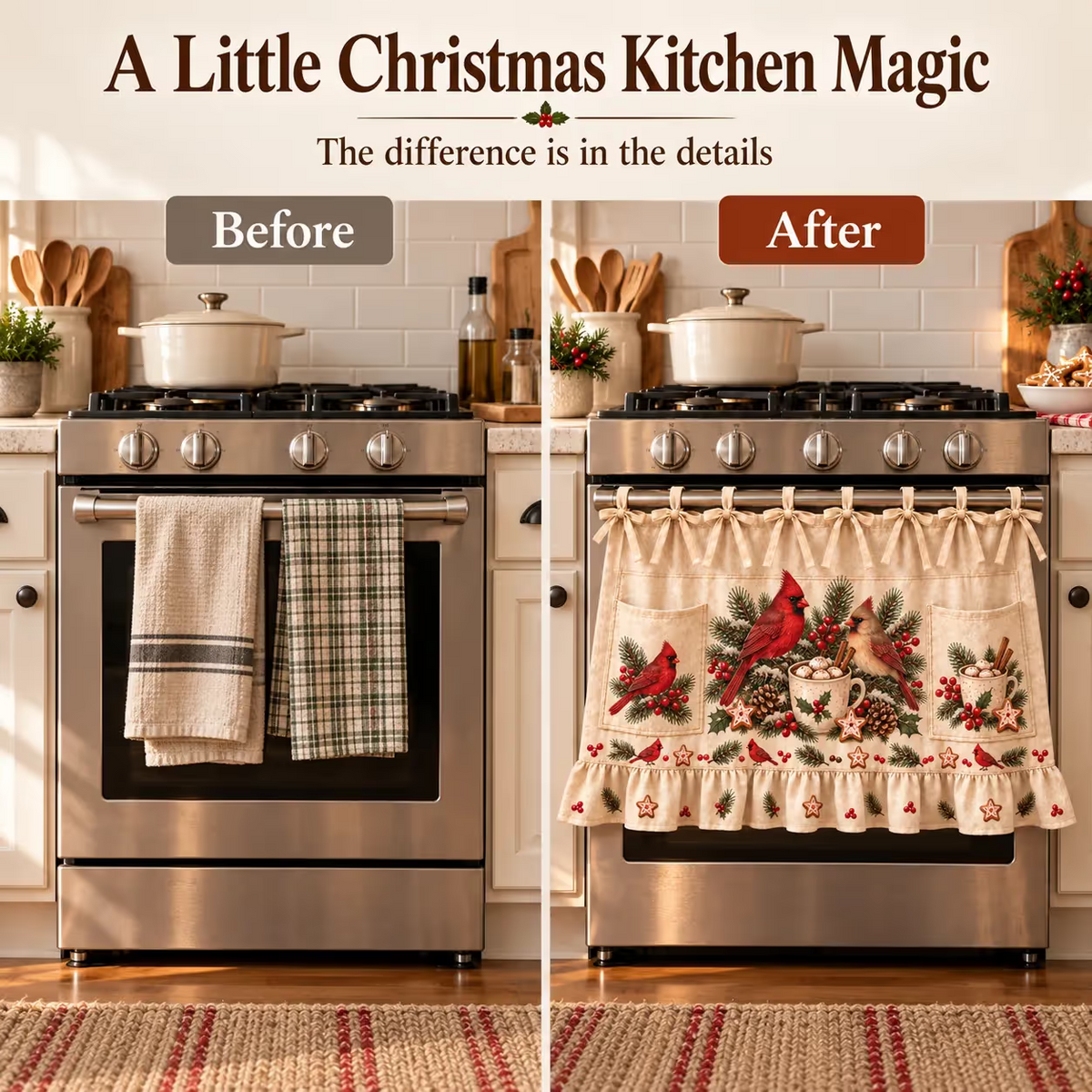⏳ Last Day 49% OFF – 🎄 Christmas Kitchen Tie-On Skirt | Festive Holiday Designs with Pockets & Ruffled Trim ✨