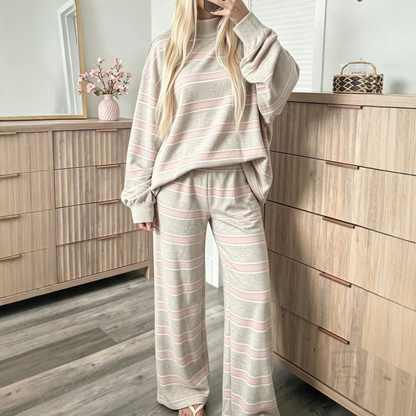 🔥Women’s Striped Mock Neck Long-Sleeve Top & Wide-Leg Pants Set