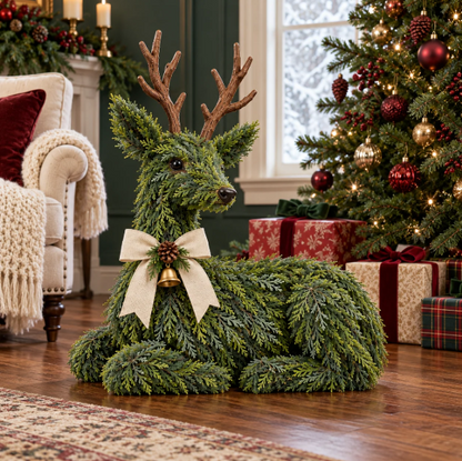 Christmas Evergreen Reindeer Decoration – Rustic Woodland Deer Figurine With Bow & Bell