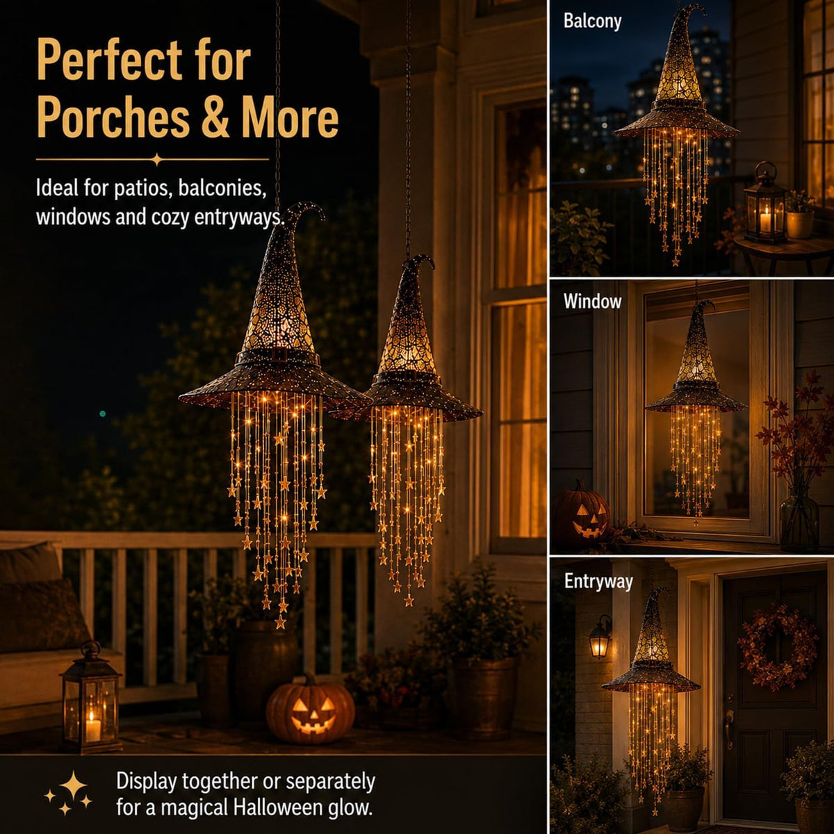 🔥LAST DAY 50% OFF-🪄Lighted Witch Hat Hanging Chime, Halloween Hanging Witch Hats with Lights