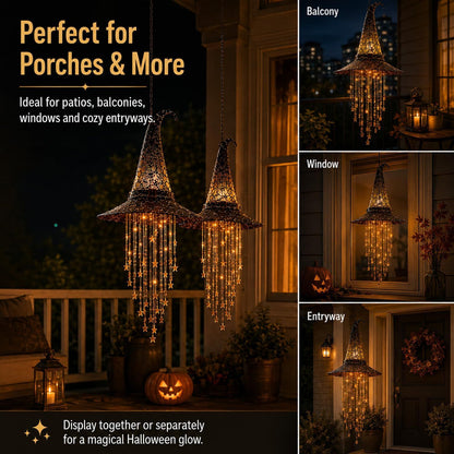🔥LAST DAY 50% OFF-🪄Lighted Witch Hat Hanging Chime, Halloween Hanging Witch Hats with Lights