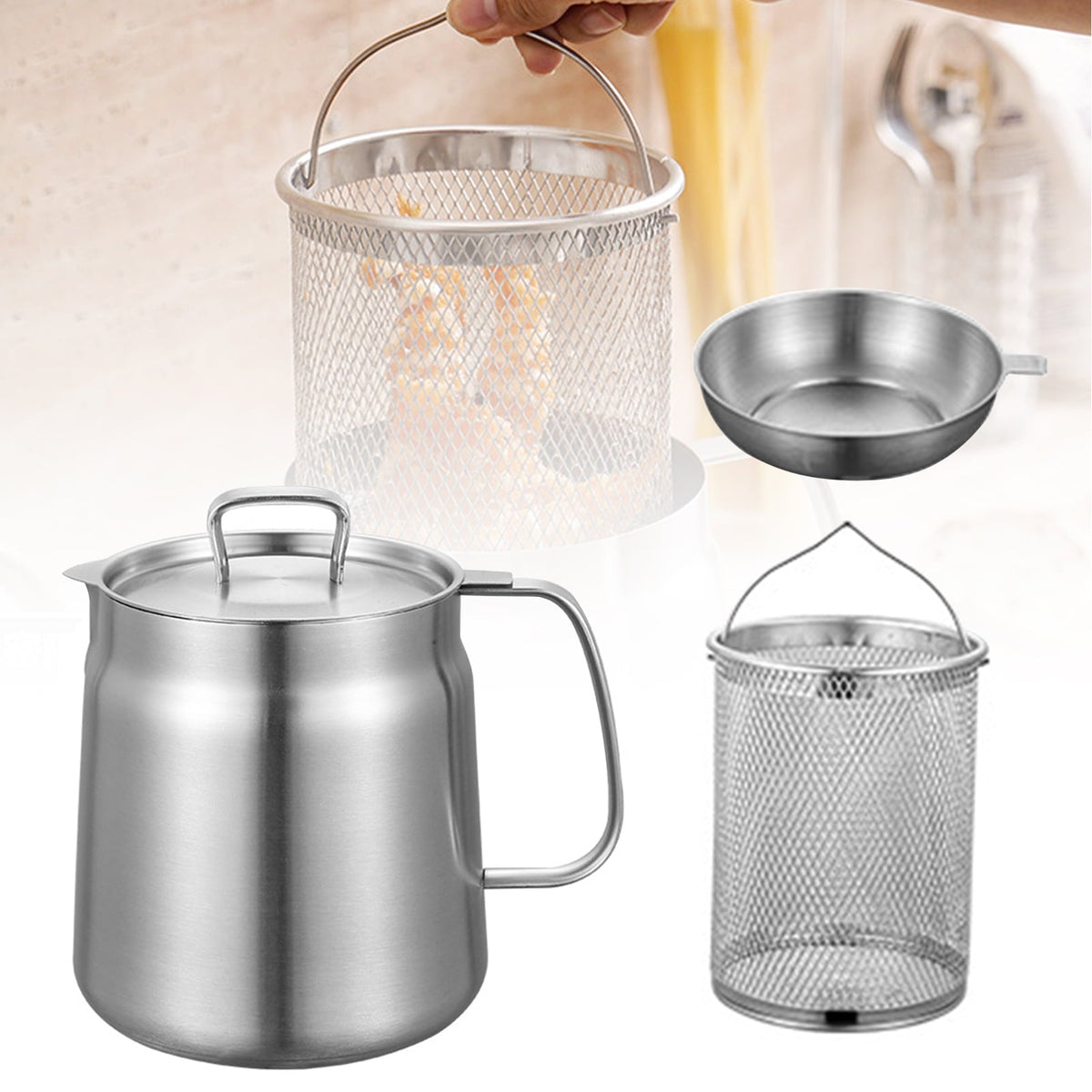 🍳 2-in-1 Stainless Steel Oil Strainer Pot & Deep Fryer - Reusable Cooking Oil