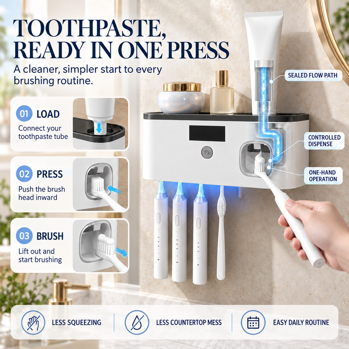 🪥 Light-Powered UV-C Toothbrush Sanitizer & Automatic Toothpaste Dispenser – 5-Brush No-Drill Wall Organizer
