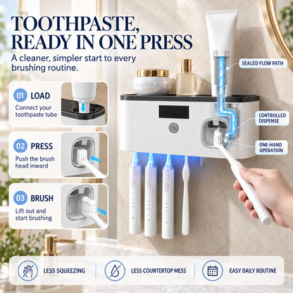 🪥 Light-Powered UV-C Toothbrush Sanitizer & Automatic Toothpaste Dispenser – 5-Brush No-Drill Wall Organizer
