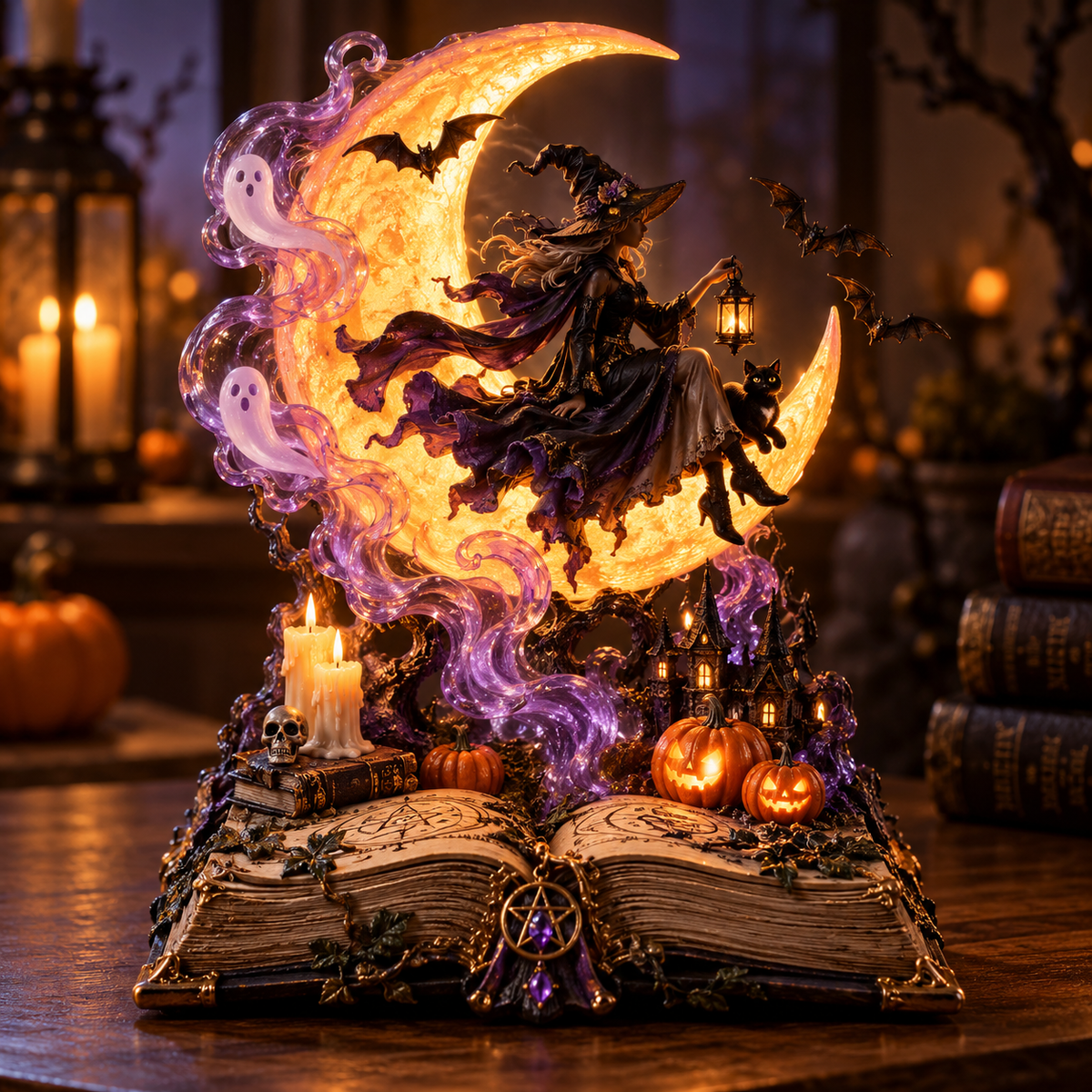 🌙🧙‍♀️ Moonlit Witch Spellbook™ – Magical Light-Up Crescent Moon with Enchanting Witch, Ghosts & Haunted Halloween Scene 🎃✨