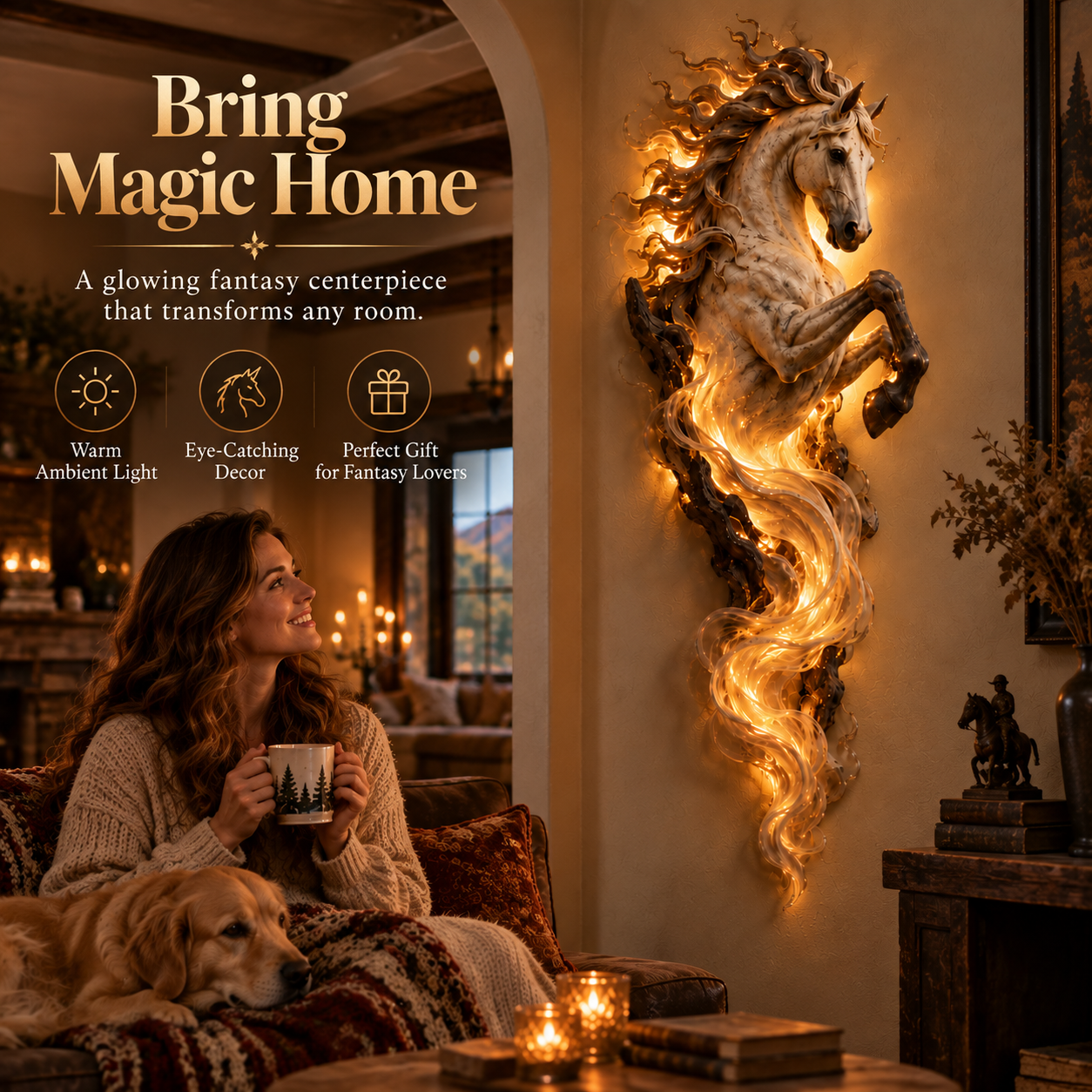 Woman relaxing in cozy living room beside a large illuminated unicorn wall sculpture