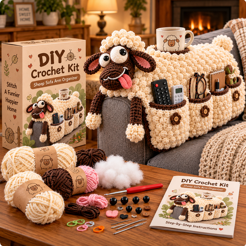 🧶😂 Couch Cuddlers™ DIY Crochet Kit – Funny Animal Sofa Armrest Organizer with 3 Handy Pockets 🛋️❤️