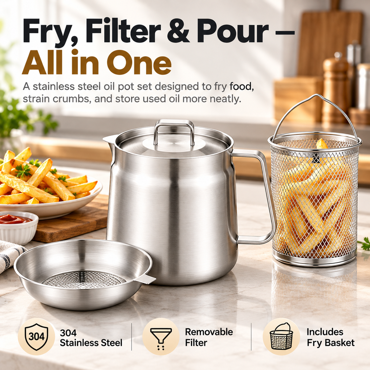 🔥Best Sale🔥-🍟 3-in-1 Stainless Steel Deep Fryer Pot with Oil Filter & Fry Basket
