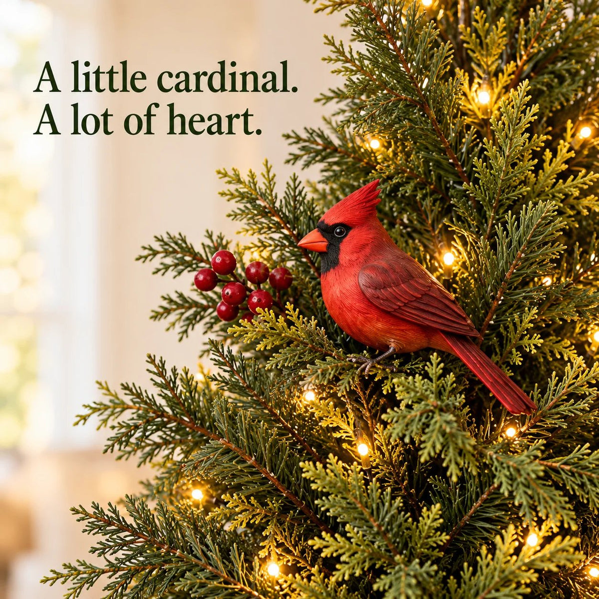 Close-up of a red cardinal ornament among evergreen branches and warm lights