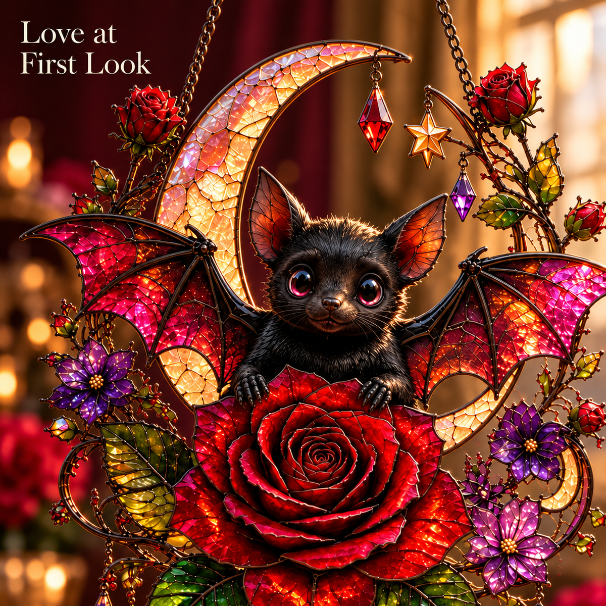 🦇🌹 Midnight Romance – Gothic Bat & Rose Crescent Moon Window Suncatcher ✨