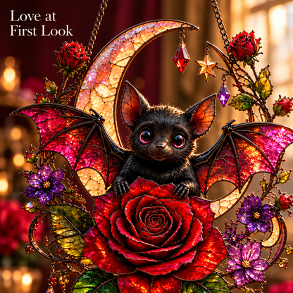 🦇🌹 Midnight Romance – Gothic Bat & Rose Crescent Moon Window Suncatcher ✨