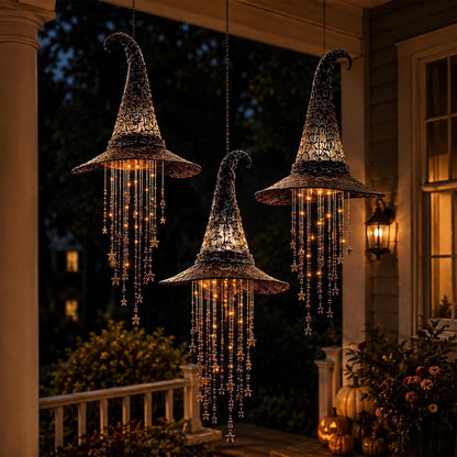 🔥LAST DAY 50% OFF-🪄Lighted Witch Hat Hanging Chime, Halloween Hanging Witch Hats with Lights