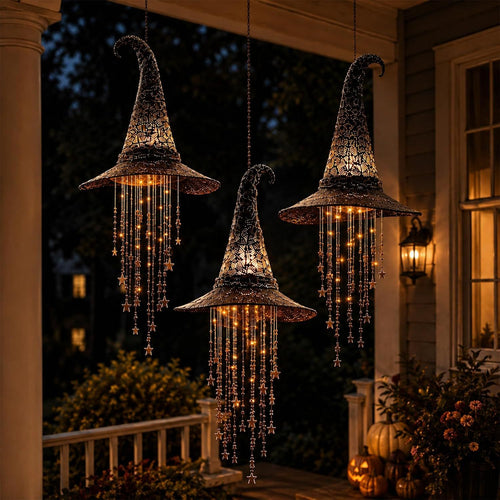 🔥LAST DAY 50% OFF-🪄Lighted Witch Hat Hanging Chime, Halloween Hanging Witch Hats with Lights