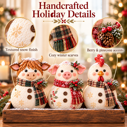 🐮 Farm Animal Snowman Trio – Highland Cow, Pig & Chicken Christmas Decorations with Rustic Tray