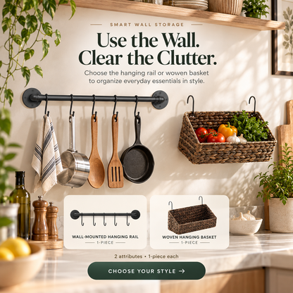 Wall Storage Organizer – Hanging Rail or Woven Basket