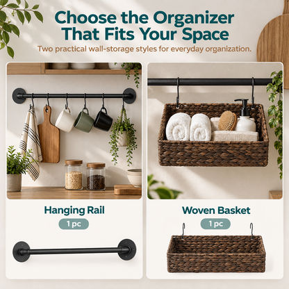 Wall Storage Organizer – Hanging Rail or Woven Basket