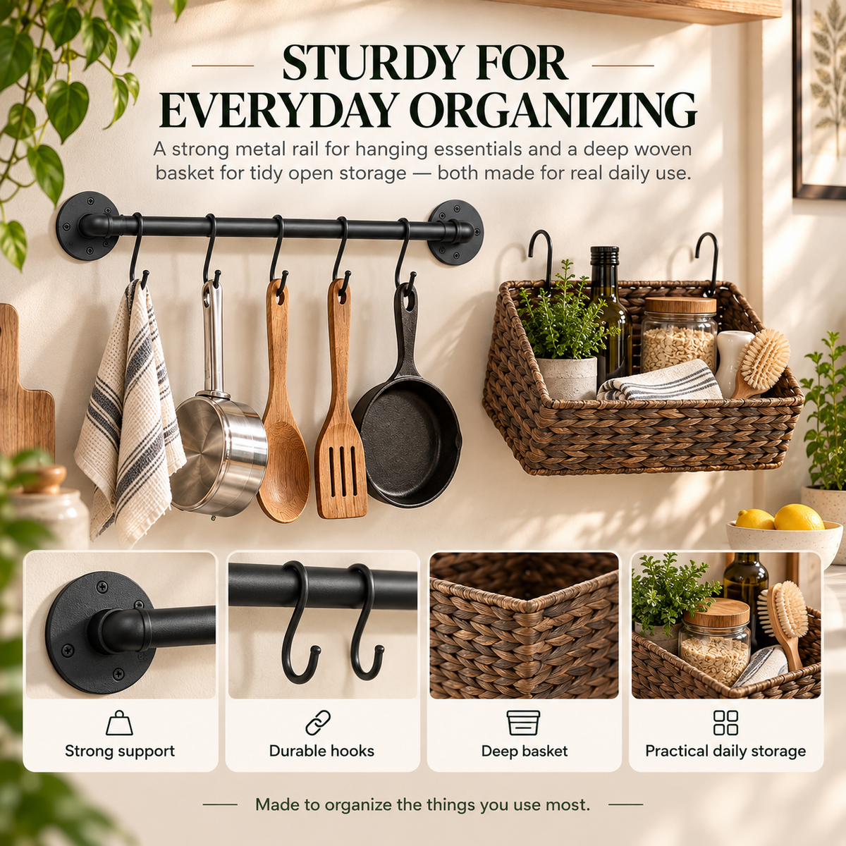 Wall Storage Organizer – Hanging Rail or Woven Basket
