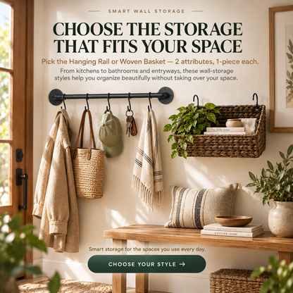 Wall Storage Organizer – Hanging Rail or Woven Basket